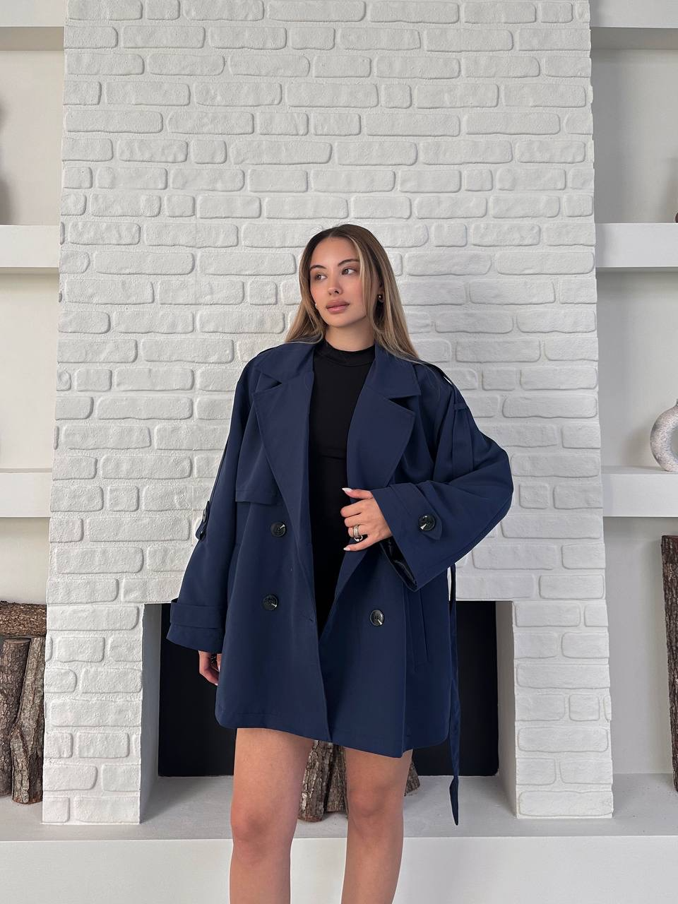 Oversize Kesim Kuşaklı Kısa Trençkot - 4
