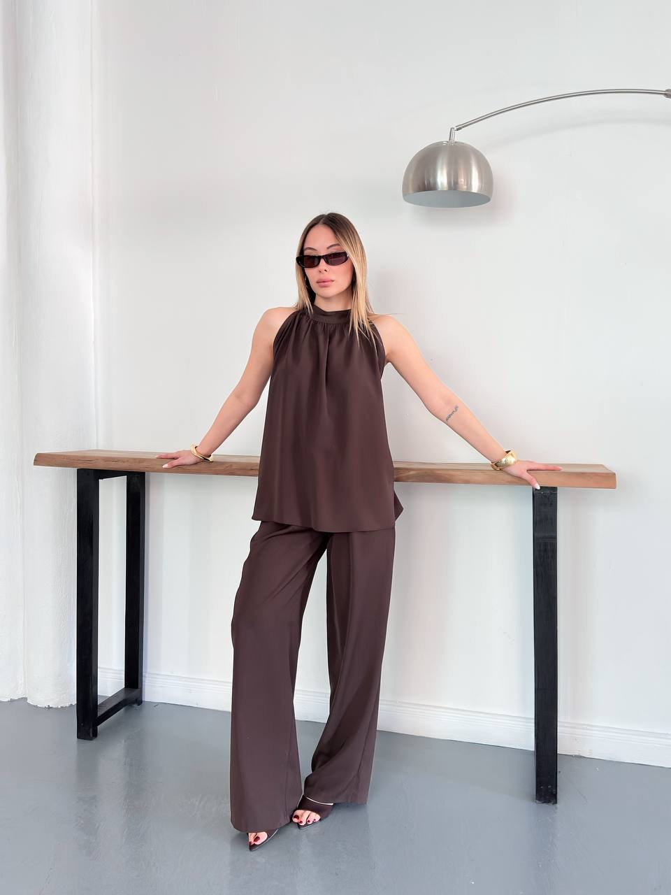 Halter Yaka Bluz & Geniş Paça Pantolon Takım - 4