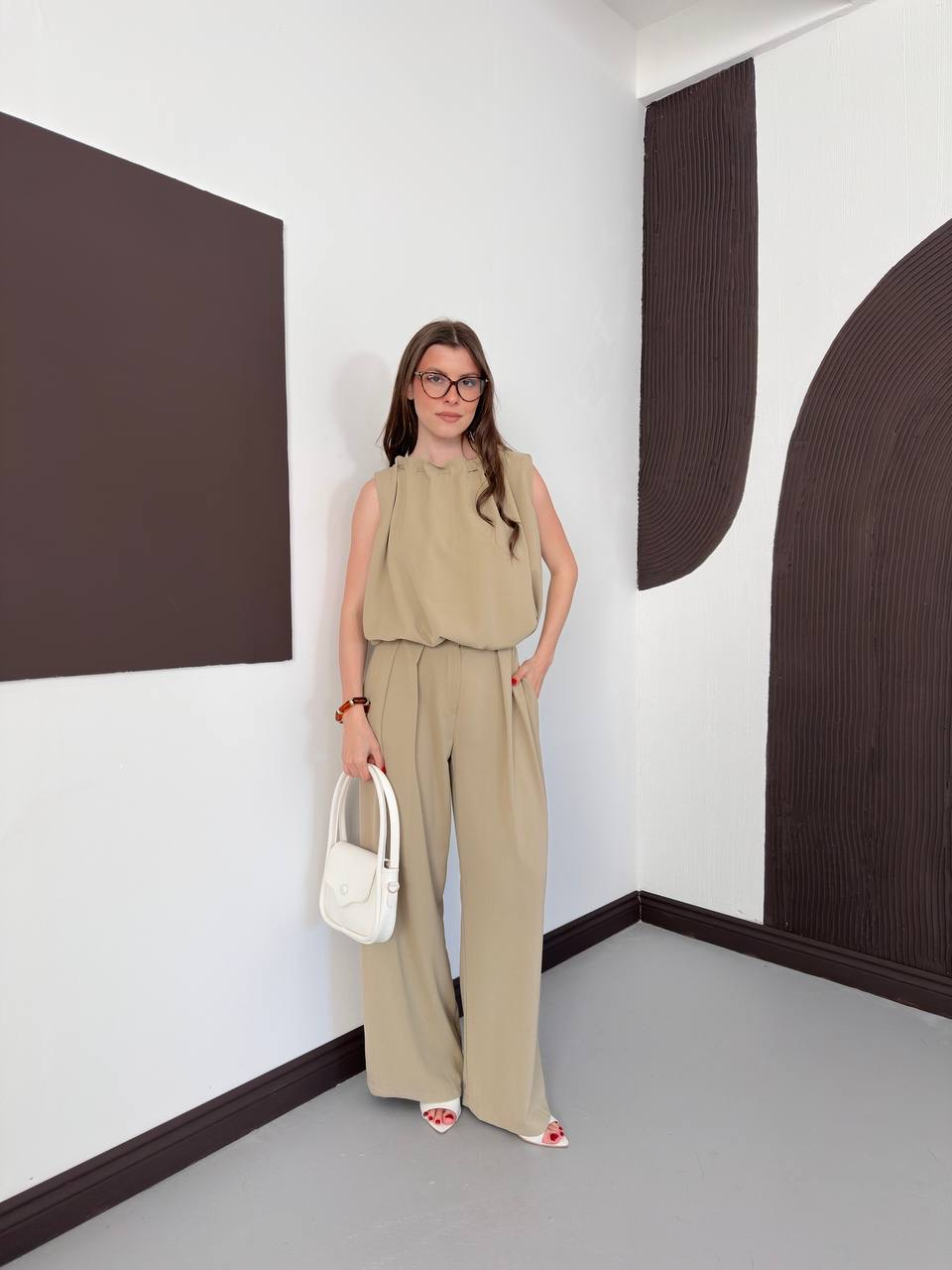 Halter Yaka Bluz & Geniş Paça Pantolon Takım - 2