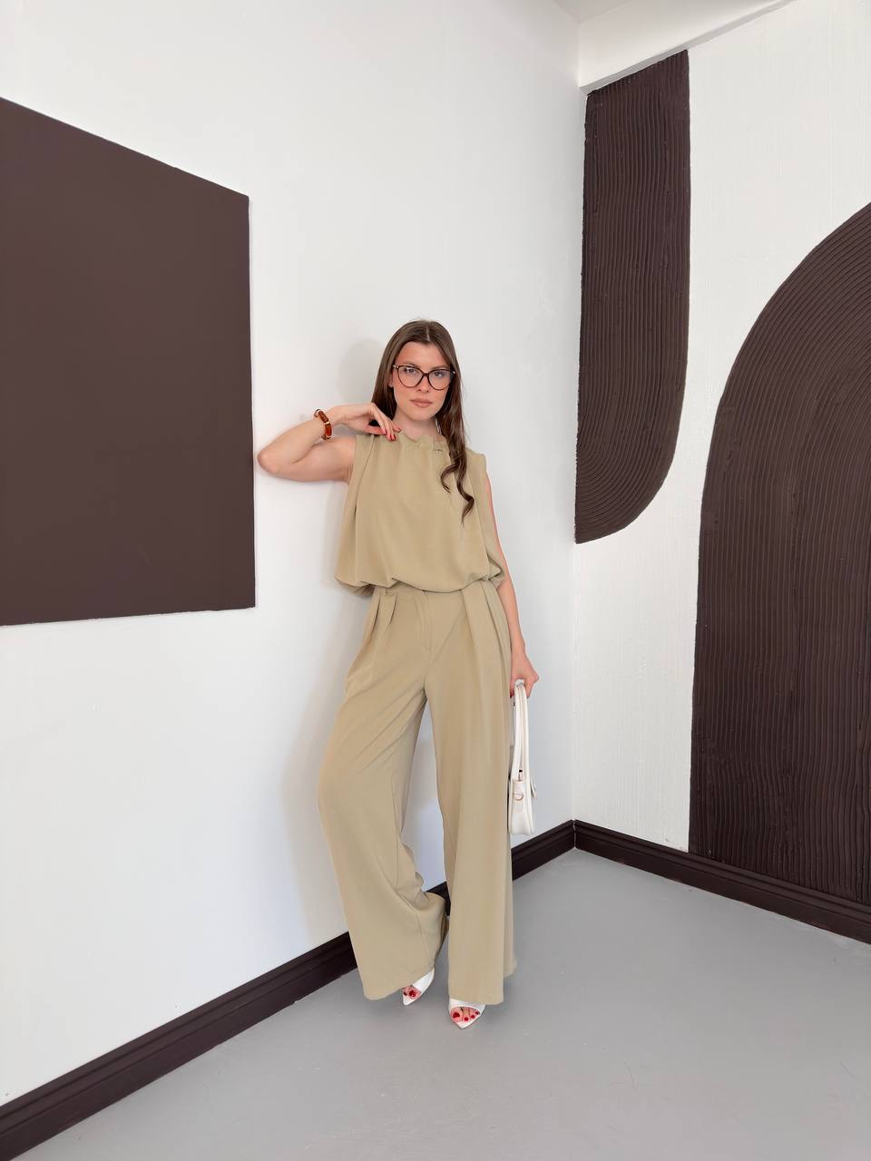 Halter Yaka Bluz & Geniş Paça Pantolon Takım - 3