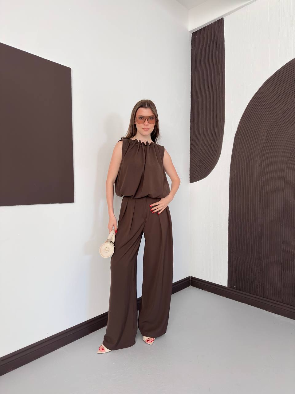 Halter Yaka Bluz & Geniş Paça Pantolon Takım - 2