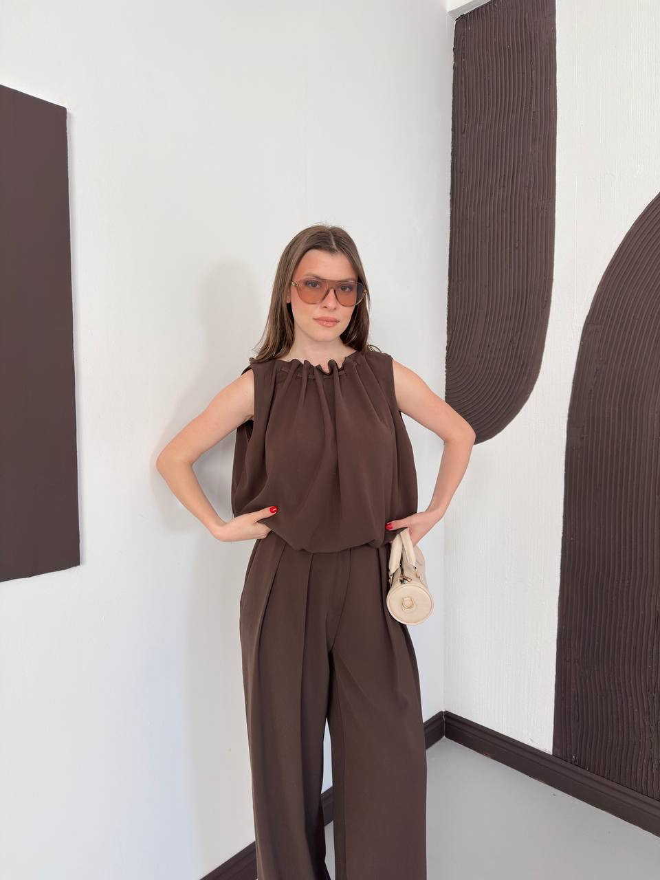 Halter Yaka Bluz & Geniş Paça Pantolon Takım - 3