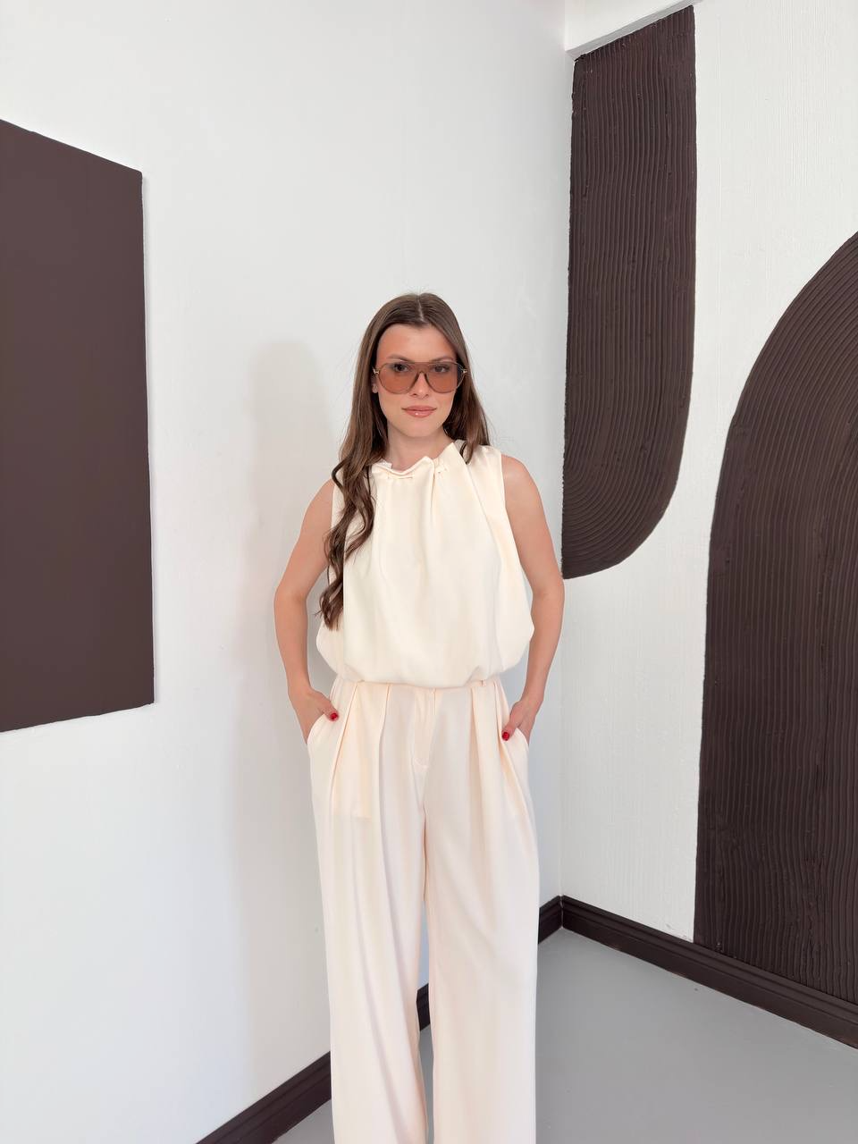 Halter Yaka Bluz & Geniş Paça Pantolon Takım - 3