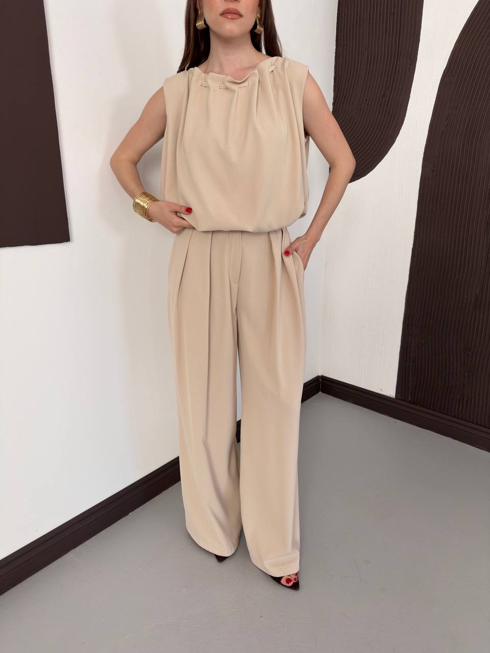 Halter Yaka Bluz & Geniş Paça Pantolon Takım - 2