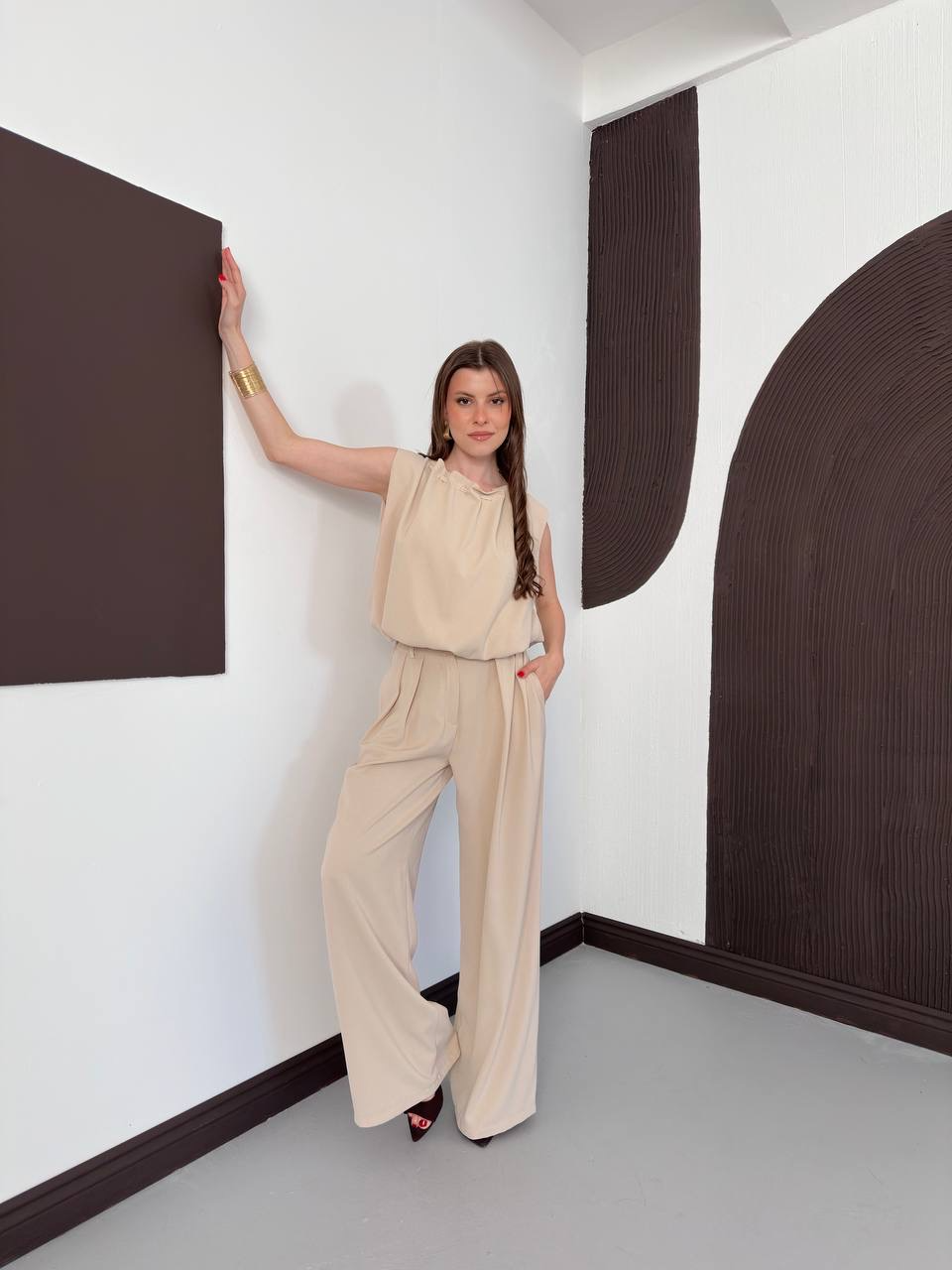 Halter Yaka Bluz & Geniş Paça Pantolon Takım - 3