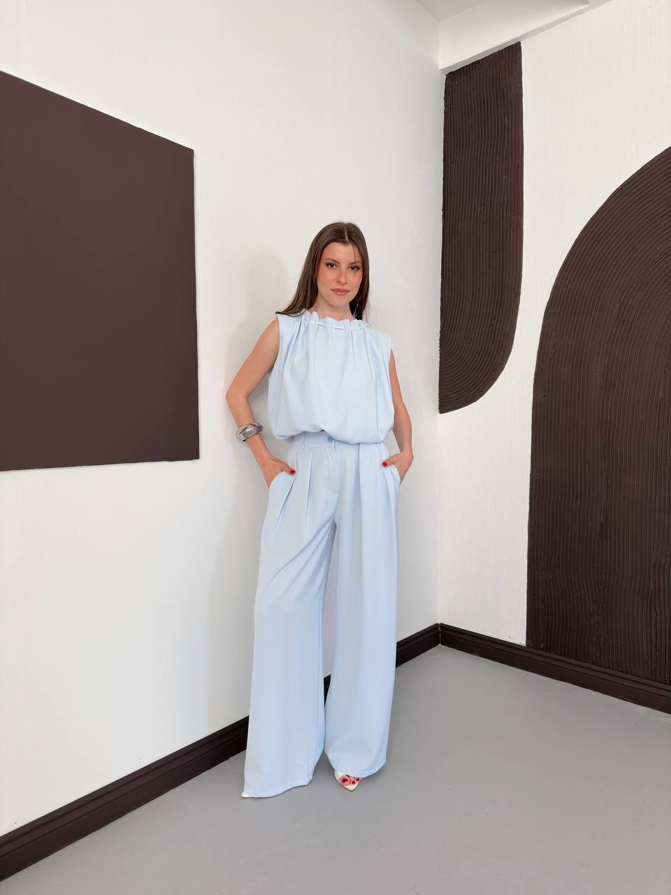 Halter Yaka Bluz & Geniş Paça Pantolon Takım - 3