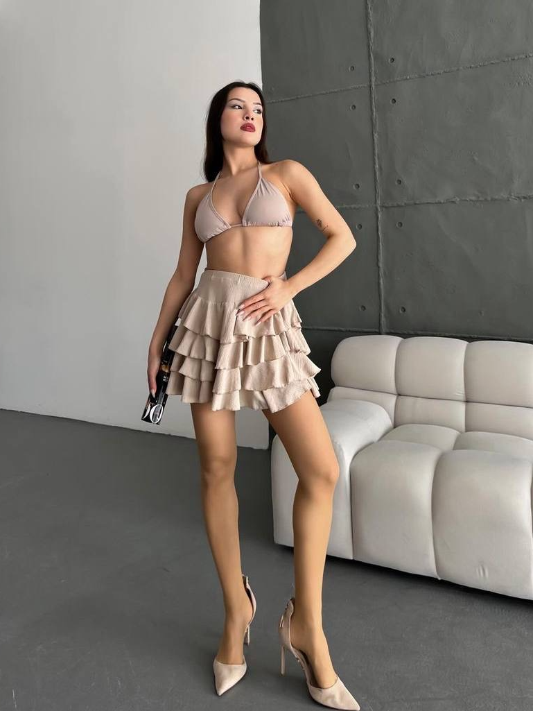Kat Kat Beli Lastikli Şortlu Mini Etek