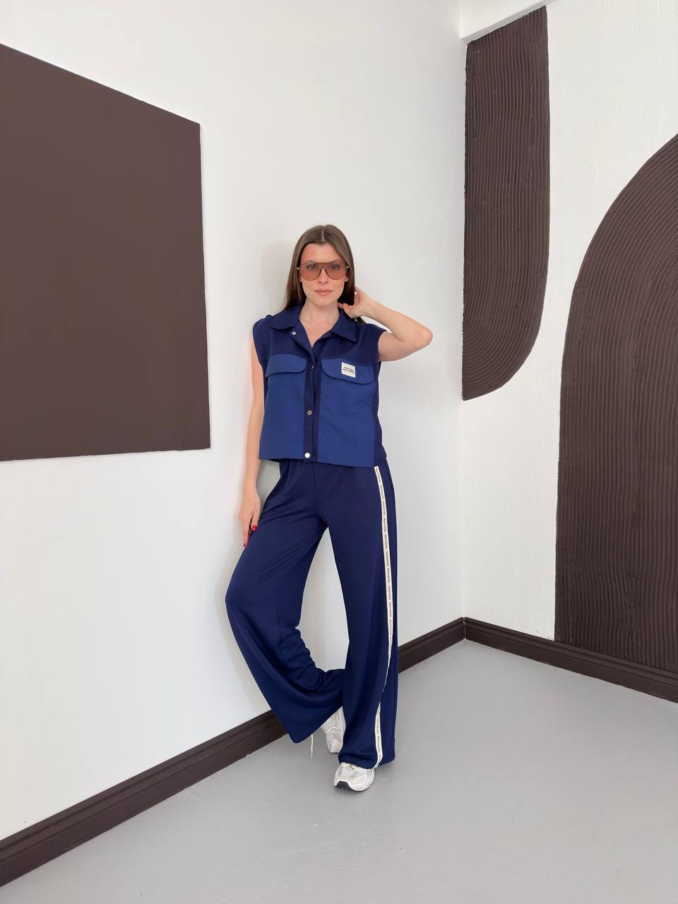 Kısa Kollu Çift Cep Detaylı Ceket & Yanı Şeritli Bol Kesim Pantolon Set - 2
